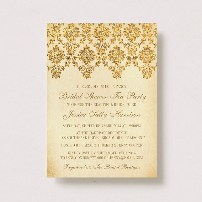 Invitation Fête des mariées vintage Glam Gold Damask (Créateur téléchargé)
