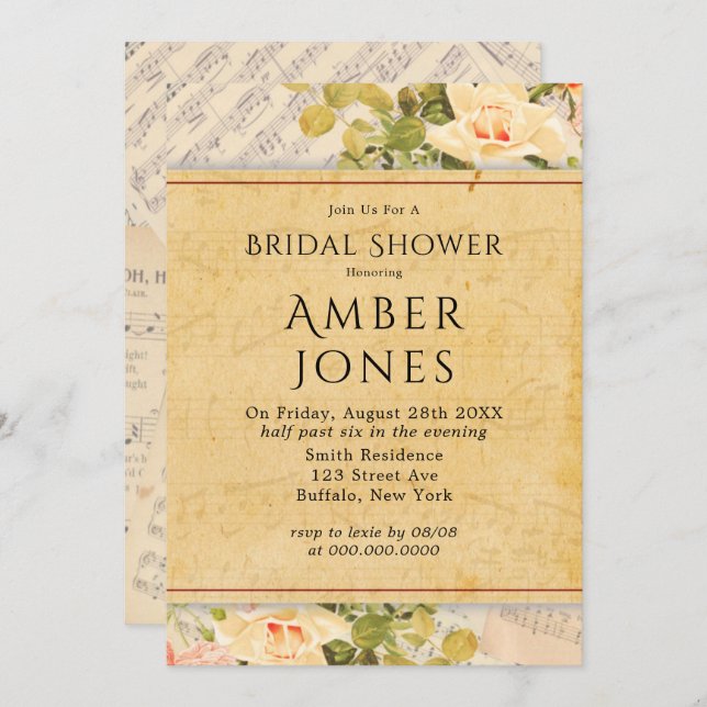 Invitation Fête des mariées vintage musicale florale (Devant / Derrière)