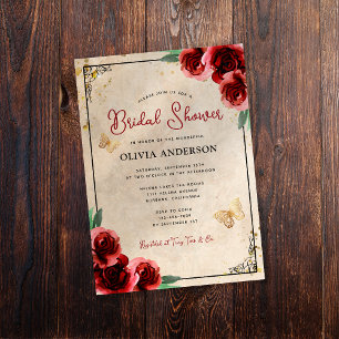 Invitation Fête des mariées vintage Red Rose Gold Elegant