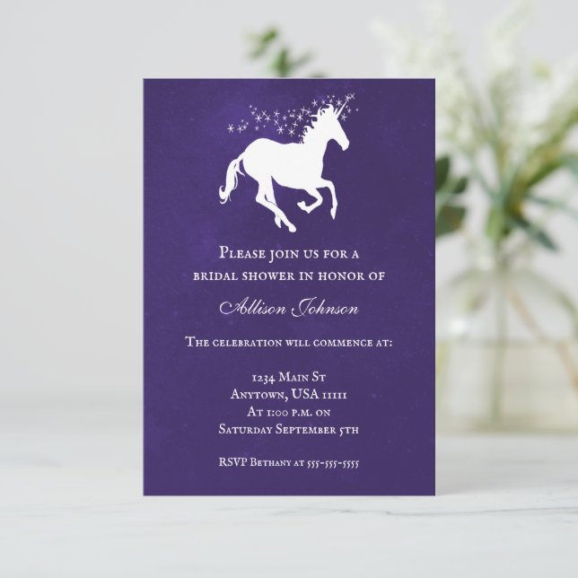 Invitation Fête des mariées Violet Unicorn (Debout devant)