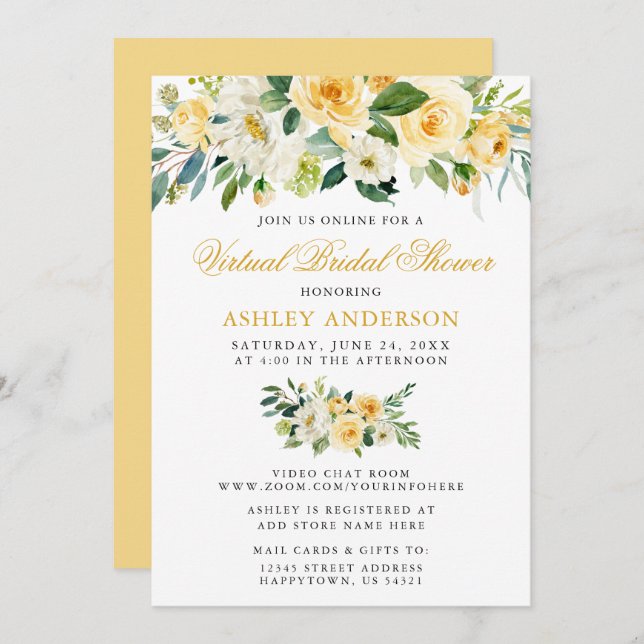 Invitation Fête des mariées virtuelle Aquarelle Jaune Floral (Devant / Derrière)
