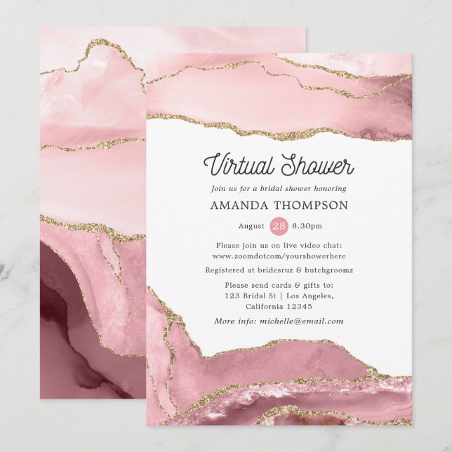 Invitation Fête des mariées virtuelle Blush et Gold Agate (Devant / Derrière)