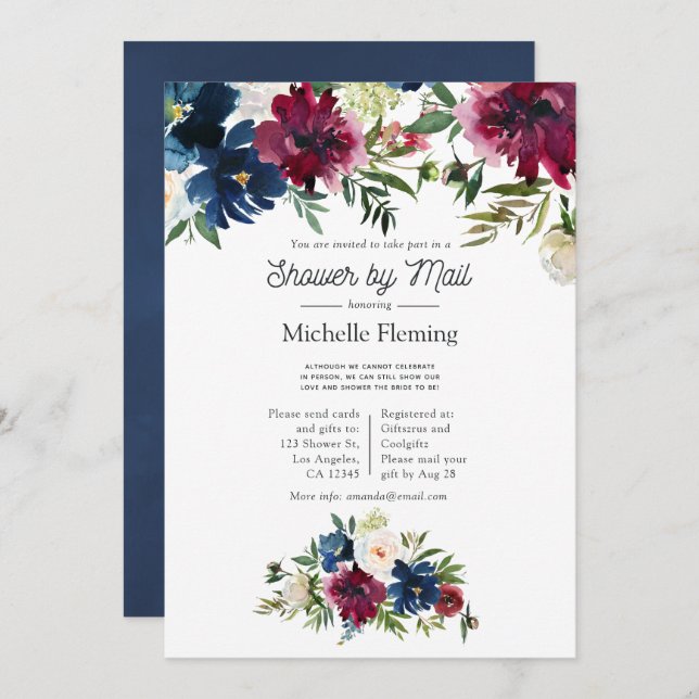 Invitation Fête des mariées virtuelle Bordo et Navy Watercolo (Devant / Derrière)