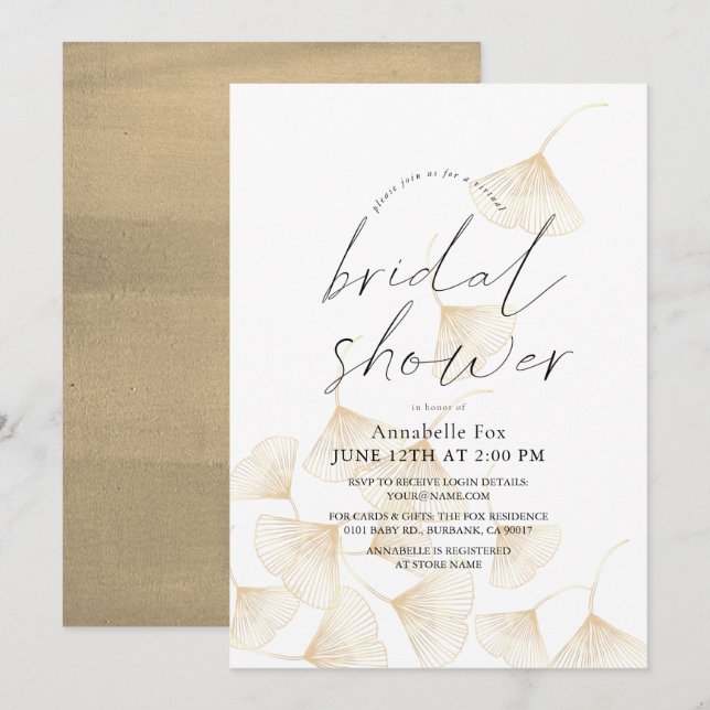 Invitation Fête des mariées virtuelle Feuille Gold Ginkgo (Devant / Derrière)