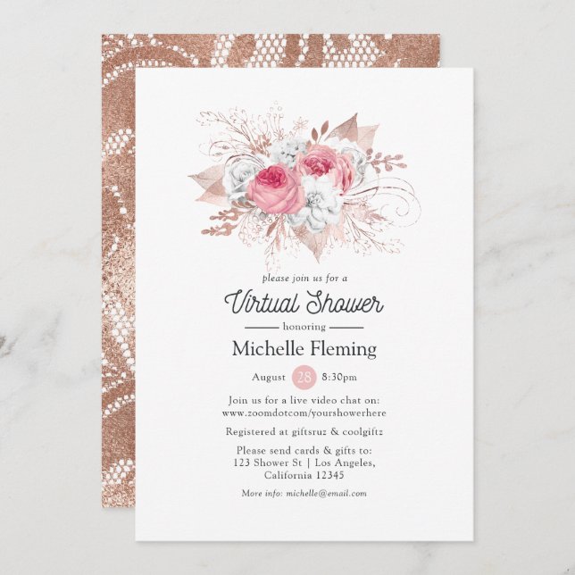 Invitation Fête des mariées virtuelle Floral et dentelle (Devant / Derrière)