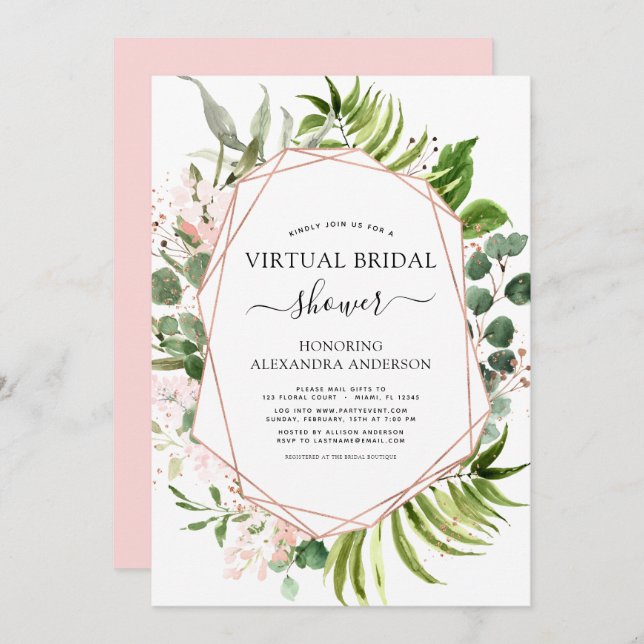 Invitation Fête des mariées virtuelle Green Rose Gold Invitat (Devant / Derrière)