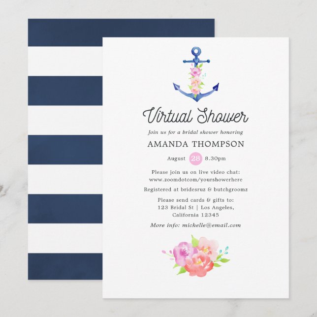 Invitation Fête des mariées virtuelle marine aquarelle (Devant / Derrière)