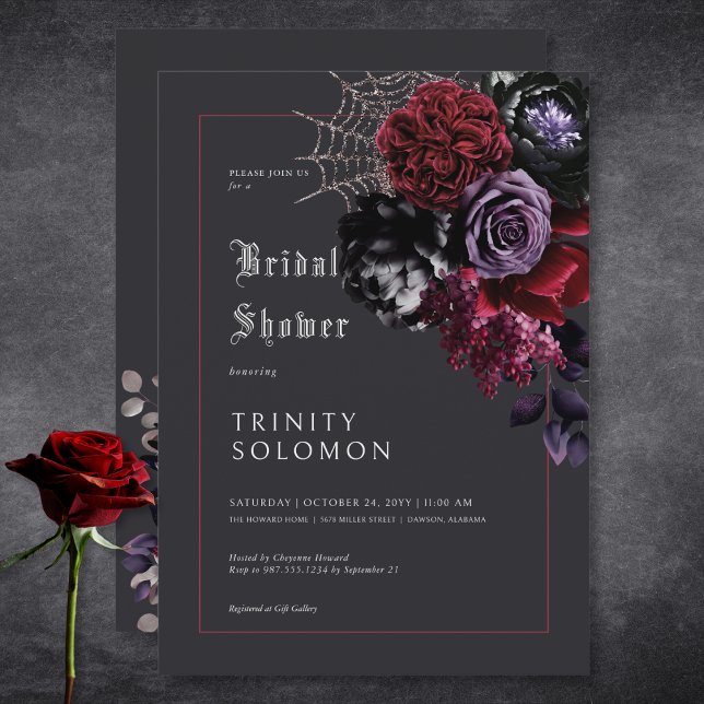 Invitation Fête des mariées Web Dark Black Floral & Silver (Dark Black Floral & Silver Web Bridal Shower Invitation)