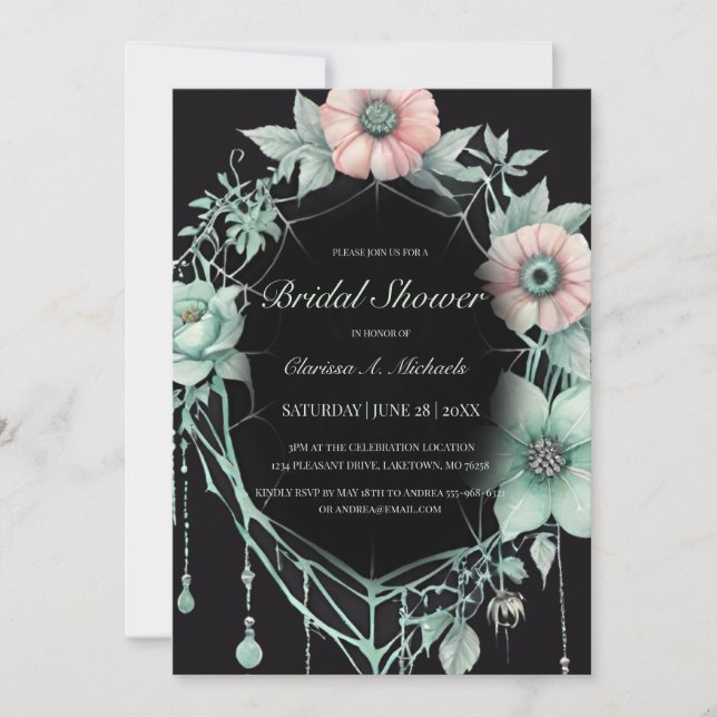 Invitation Fête des mariées Web gothique Green Mint Floral Sp (Devant)