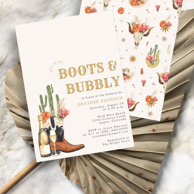 Invitation Fête des mariées Western Boots (Bridal Shower Boho Watercolor Boots and Bubbly Invitation
)