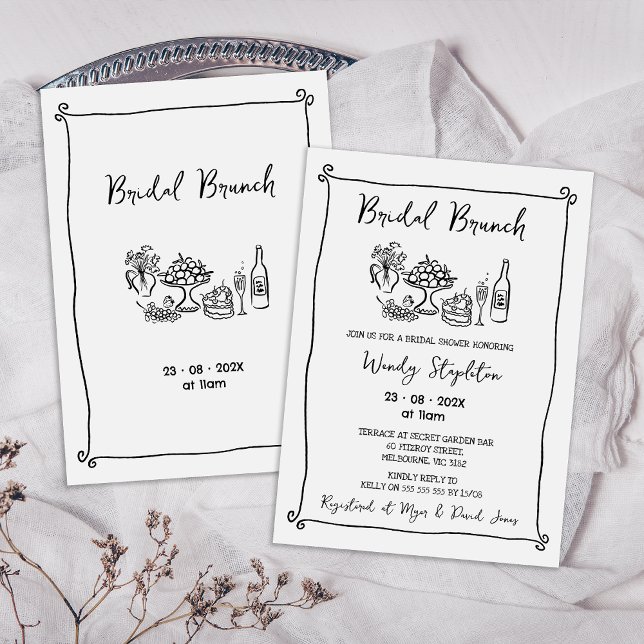 Invitation Fête des mariées Whimsical Black Drach Bridal Brun (Whimsical Black Hand Drawn Bridal brunch Bridal Shower Invitation, Quirky Trendy Bridal Shower )