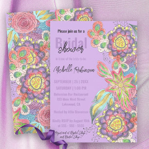 Invitation Fête des mariées Whimsical Bohemian Colorful Flowe