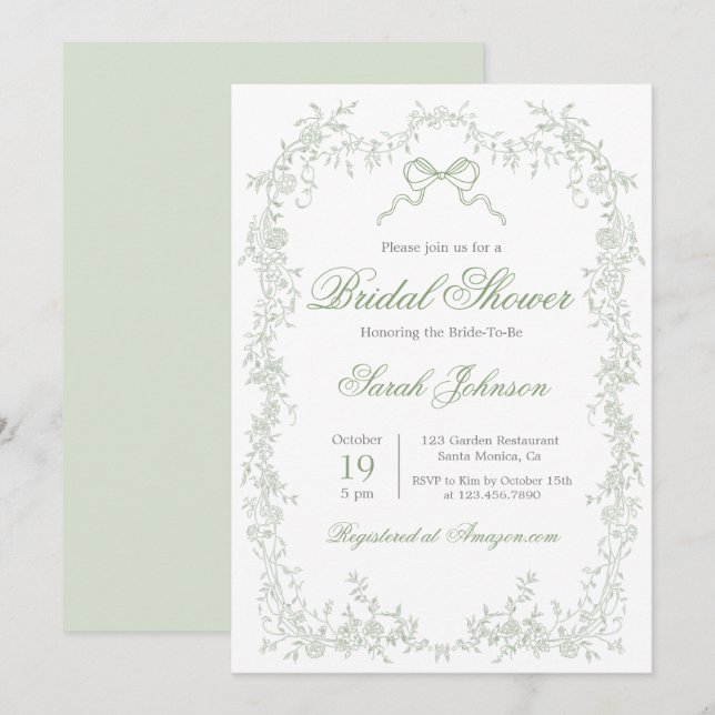 Invitation Fête des mariées Whimsical Sage Green (Devant / Derrière)
