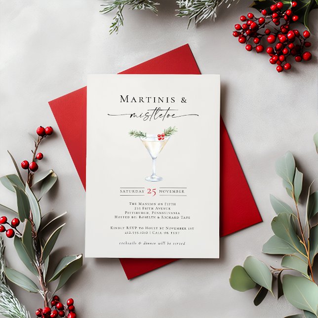 Invitation Fête des Martini et du Gui de Fêtes  (Martinis & Mistletoe Elegant Holiday Party Invitation)