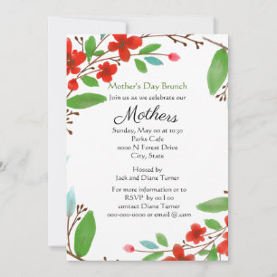 Invitation Fête des mères Aquarelle Fleurs Rouges Brunch 