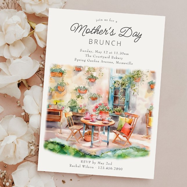 Invitation Fête des Mères Brunch Aquarelle Jardin Patio (Mother's Day Brunch Invitation with welcoming watercolor country garden terrace)