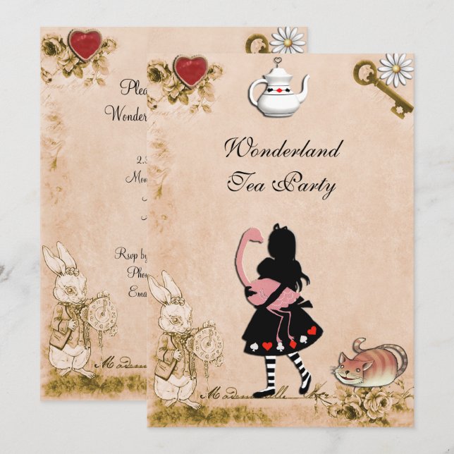 Invitation Fête des mères de la fête du thé de Wonderland (Devant / Derrière)