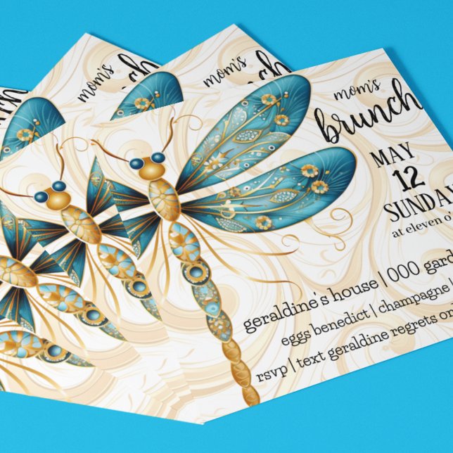 Invitation Fête des mères de libellules Brunch (Dragonfly in aqua and gold Mother's Day Brunch customizable invitation you can also download. )