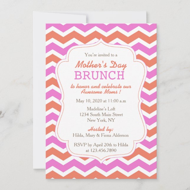 Invitation Fête des mères de Pink and Orange Chevron (Devant)