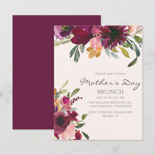 Invitation Fête des Mères élégante rose violet floral script (Devant / Derrière)