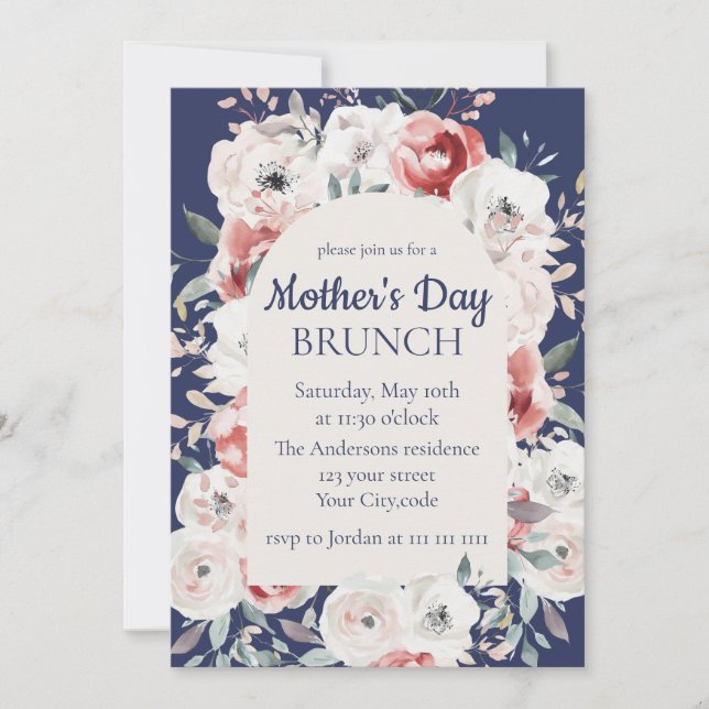 Invitation Fête des mères florales Brunch Navy Blue Invitatio (Devant)