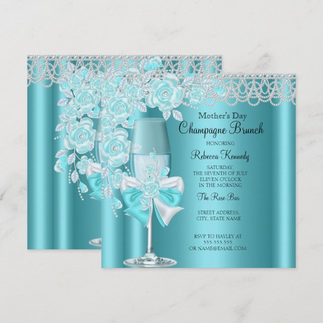 Invitation Fête des mères Joli Rose Turquoise Champagne Brunc (Devant / Derrière)