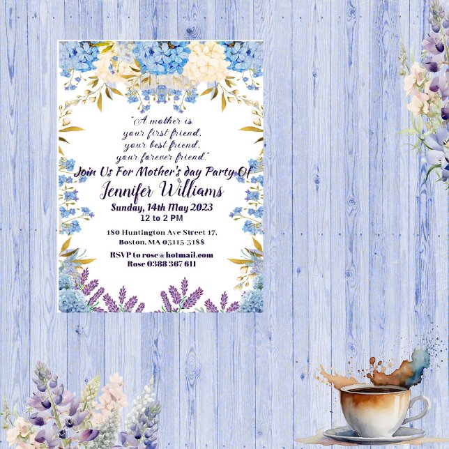 Invitation Fête des Mères Pastel Bleu Petits Fleurs Buds Flor (Mother's Day Pastel Blue Little Flower Buds Floral Invitation)