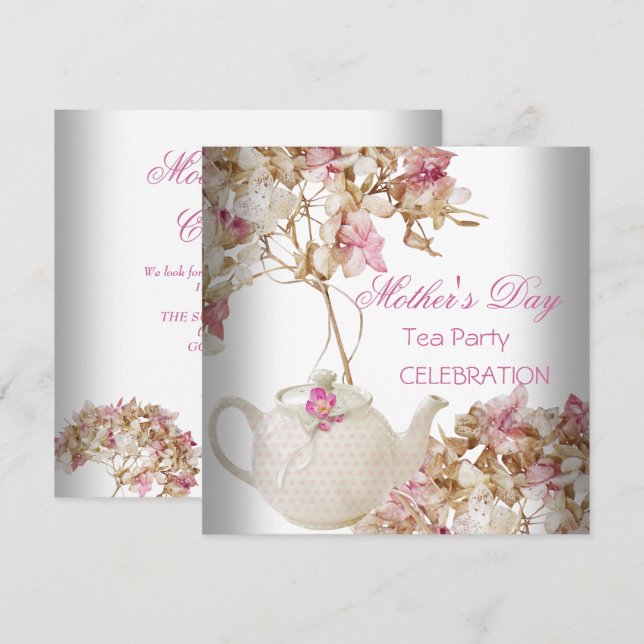 Invitation Fête des Mères Tasse de thé florale blanc rose (Devant / Derrière)
