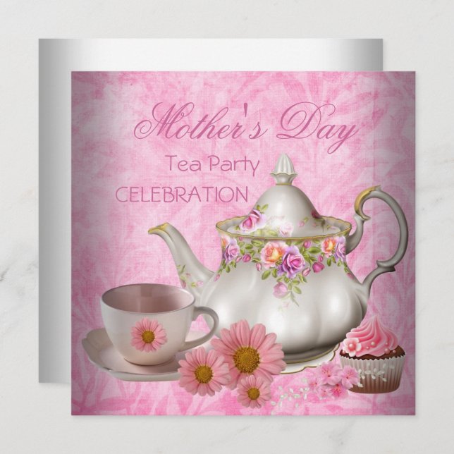 Invitation Fête des Mères Thé blanc rose floral Cupcake (Devant / Derrière)