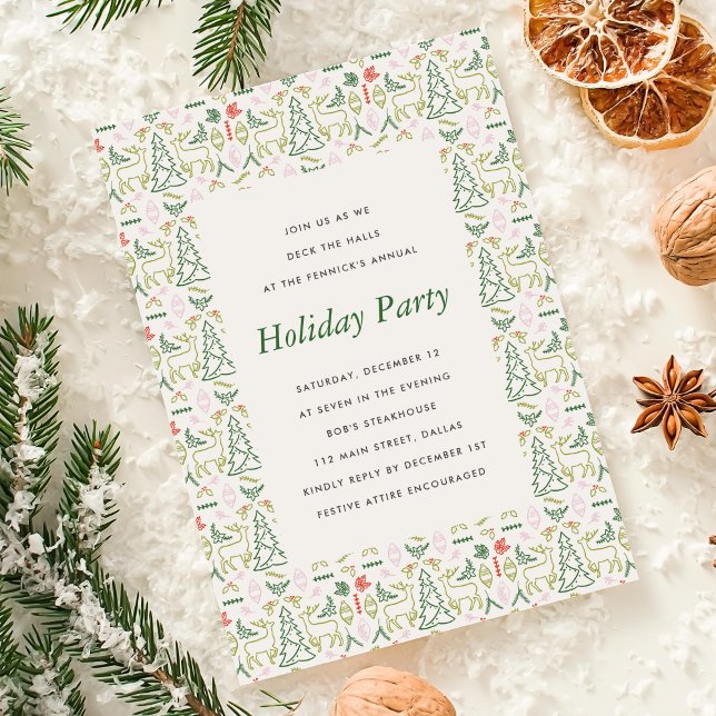 Invitation Fête des Motifs scandinaves rouges et verts (Red and Green Scandinavian Pattern Holiday Party Invitation)