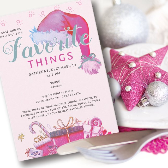 Invitation Fête des Objets Préférés Vacances Rose Cadeau Écha (Favorite Things Party Holiday Pink Gift Exchange Secret Santa White Elephant Office Family & Friends)