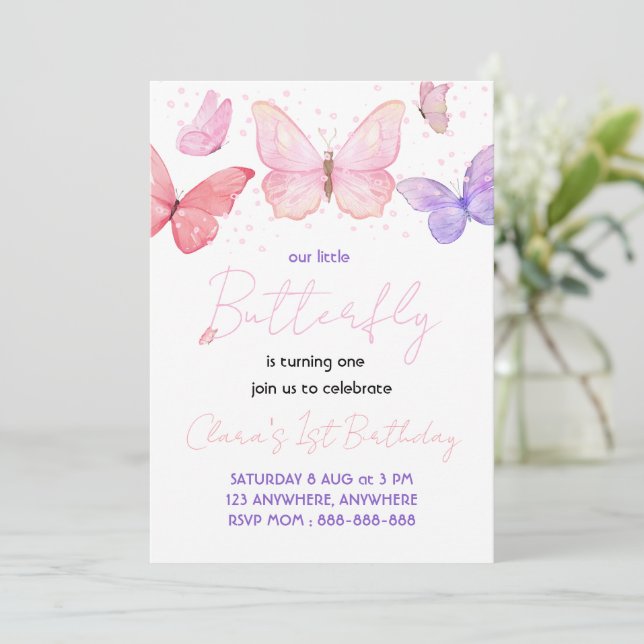 Invitation Fête des papillons 1er anniversaire (Debout devant)