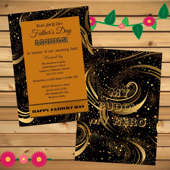 Invitation Fête des pères Brunch Boucles d'or Fête des tourbi (Father's Day Brunch Gold Curls Leafy Swirls Party Invitation)
