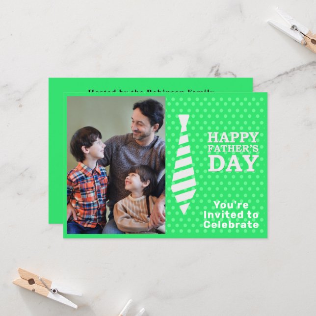 Invitation Fête des pères Cravate blanche Lumière vert points (Devant/Arrière en situation)