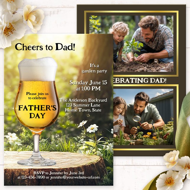 Invitation Fête des pères Garden Photo Party (Father's Day backyard party invitation featuring a beer in the garden with photos on the back)