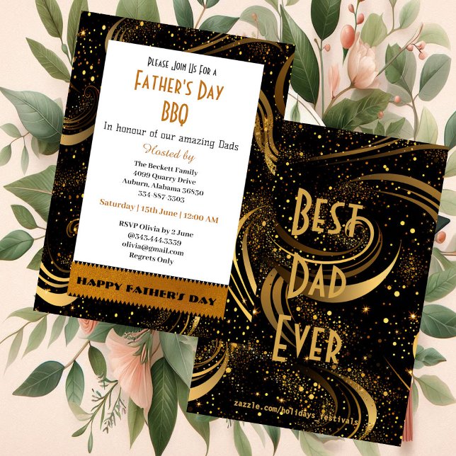 Invitation Fête des pères Gold Leafls Fun Curls BBQ Party (Father's Day Gold Leafy Swirls Fun Curls BBQ Party Invitation)