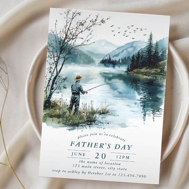 Invitation Fête des Pères Lac de pêche à l'aquarelle (Créateur téléchargé)