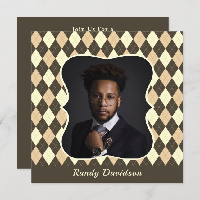 Invitation Fête des Pères Photo Marron Beige Gingham Soirée d (Devant / Derrière)
