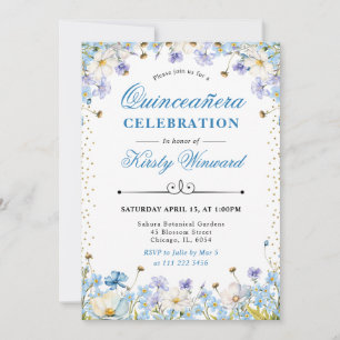 Invitation Fête des Quince Ans Bleu Blanc Fleurs Sauvages Ne