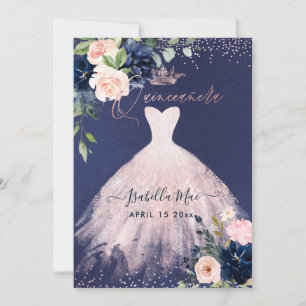 Invitation Fête des quinze ans Blush Bleu marine Fleurs aquar