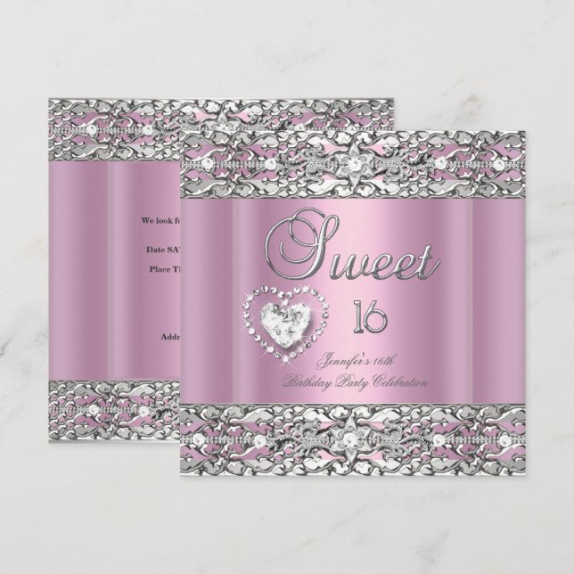 Invitation Fête des seize ans 16 ans Rose Argent Diamant (Devant / Derrière)