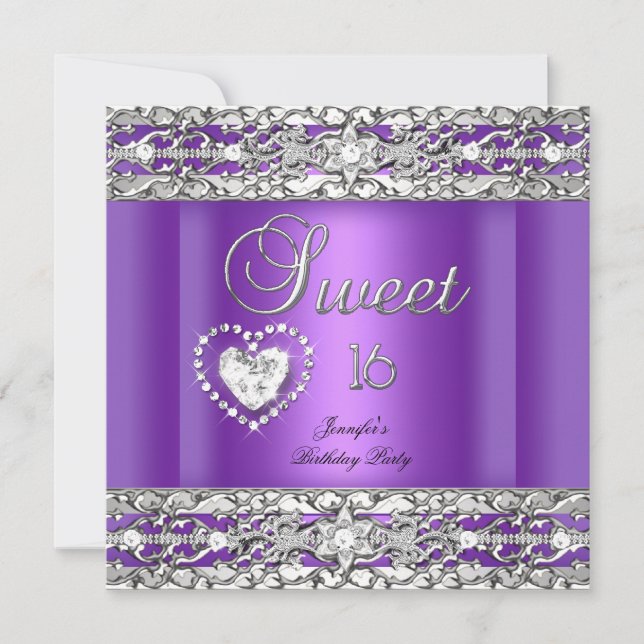 Invitation Fête des Seize Ans 16  Violet Argent Diamant (Devant)