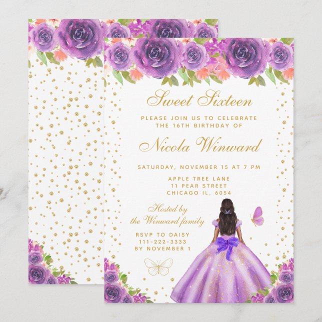 Invitation Fête des seize ans Princesse Fleurie Violette Peau (Devant / Derrière)