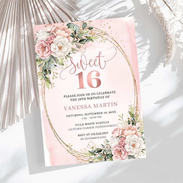 Invitation Fête des Seize Ans Rose Gold Floral Euc (Elegant Rose Gold Floral Eucalyptus Sweet Sixteen Invitation

)
