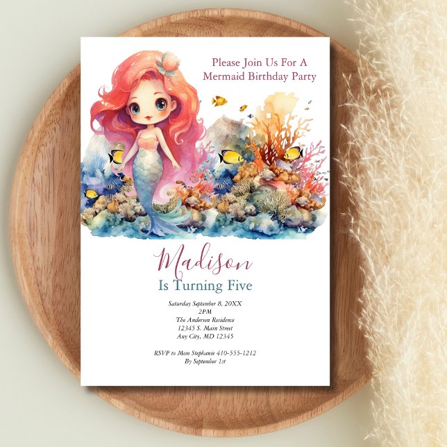 Invitation Fête des sirènes tendance Petites filles populaire (Girls Mermaid Birthday Party invitation)