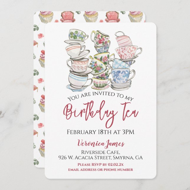 Invitation Fête des tasses de thé d'anniversaire (Devant / Derrière)