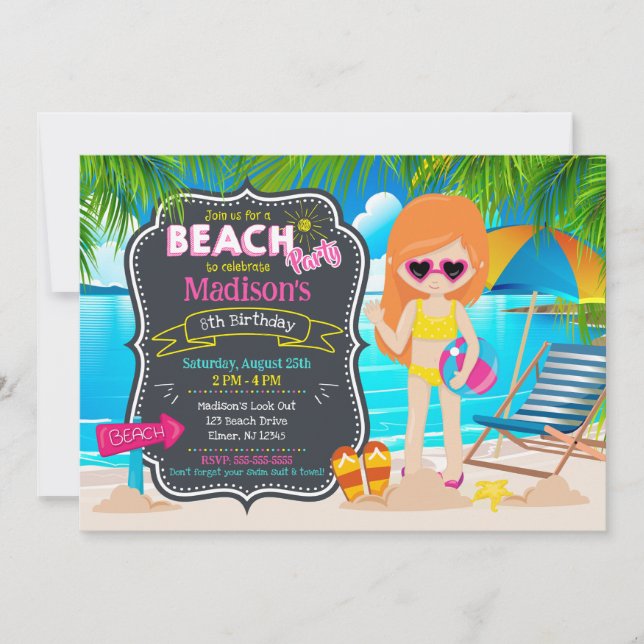 Invitation Fête d'été à la plage Anniversaire de fille tropic (Devant)