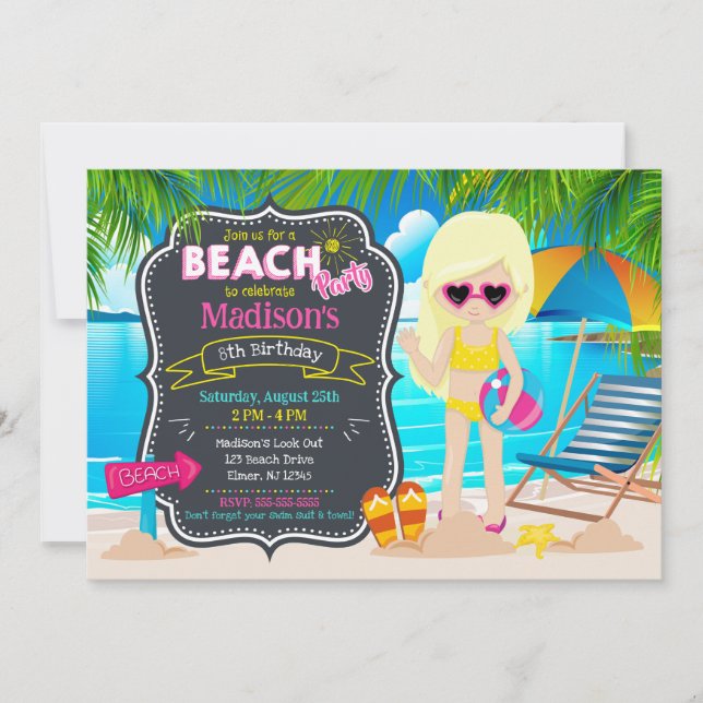 Invitation Fête d'été à la plage Anniversaire de fille tropic (Devant)
