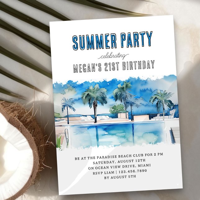 Invitation Fête d'été aquarelle Piscine tropicale Anniversair (Summer Birthday Party Invitation with inviting pool scene)