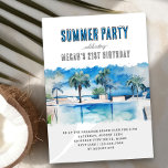 Invitation Fête d'été aquarelle Piscine tropicale Anniversair<br><div class="desc">Invitation d'anniversaire de fête d'été - parfait pour la fête de la piscine, la fête de la plage etc et modifiable pour n'importe quel âge, comme 21e anniversaire, 30e anniversaire .. Le design moderne et élégant de l'aquarelle dispose d'une piscine cool avec palmiers tropicaux sur la terrasse. Conception neutre pour...</div>
